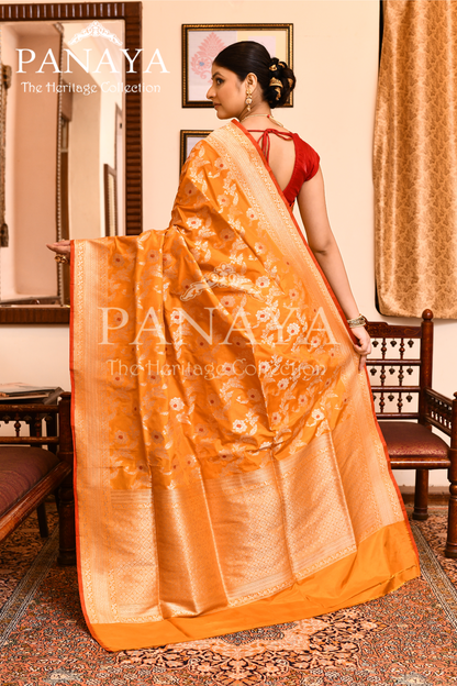 Saree Katan Silk Semi Handwoven with Banrasi Aanchal & Border with Gold & Silver Meenedar Jaal Design