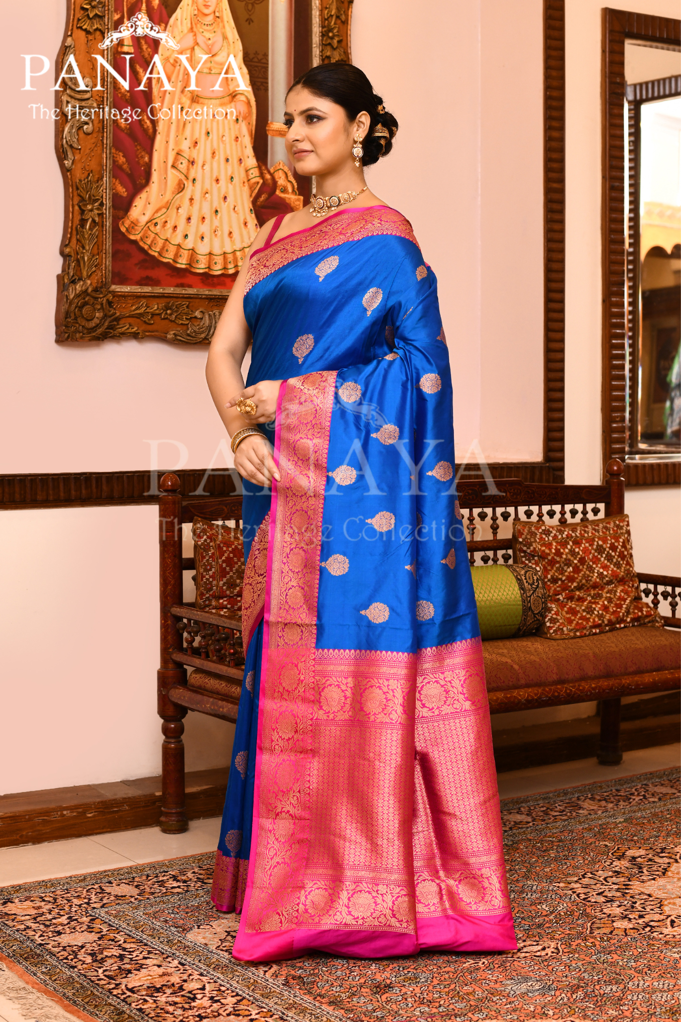 Saree Katan Silk with Contrast Banarasi Aanchal & Border with Gold Zari Boota Design