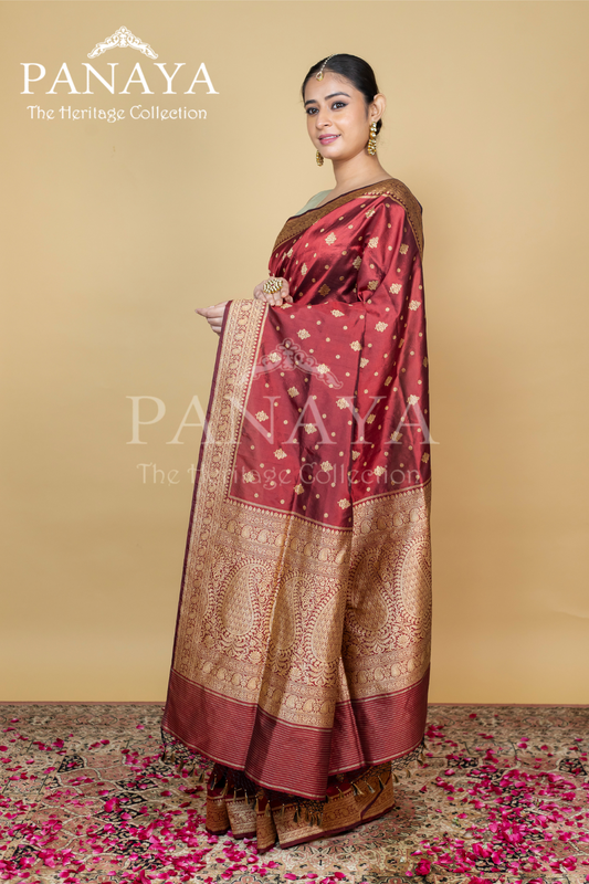Handloom Katan Silk With Zaal Lace Buti Pattern Small And Large
