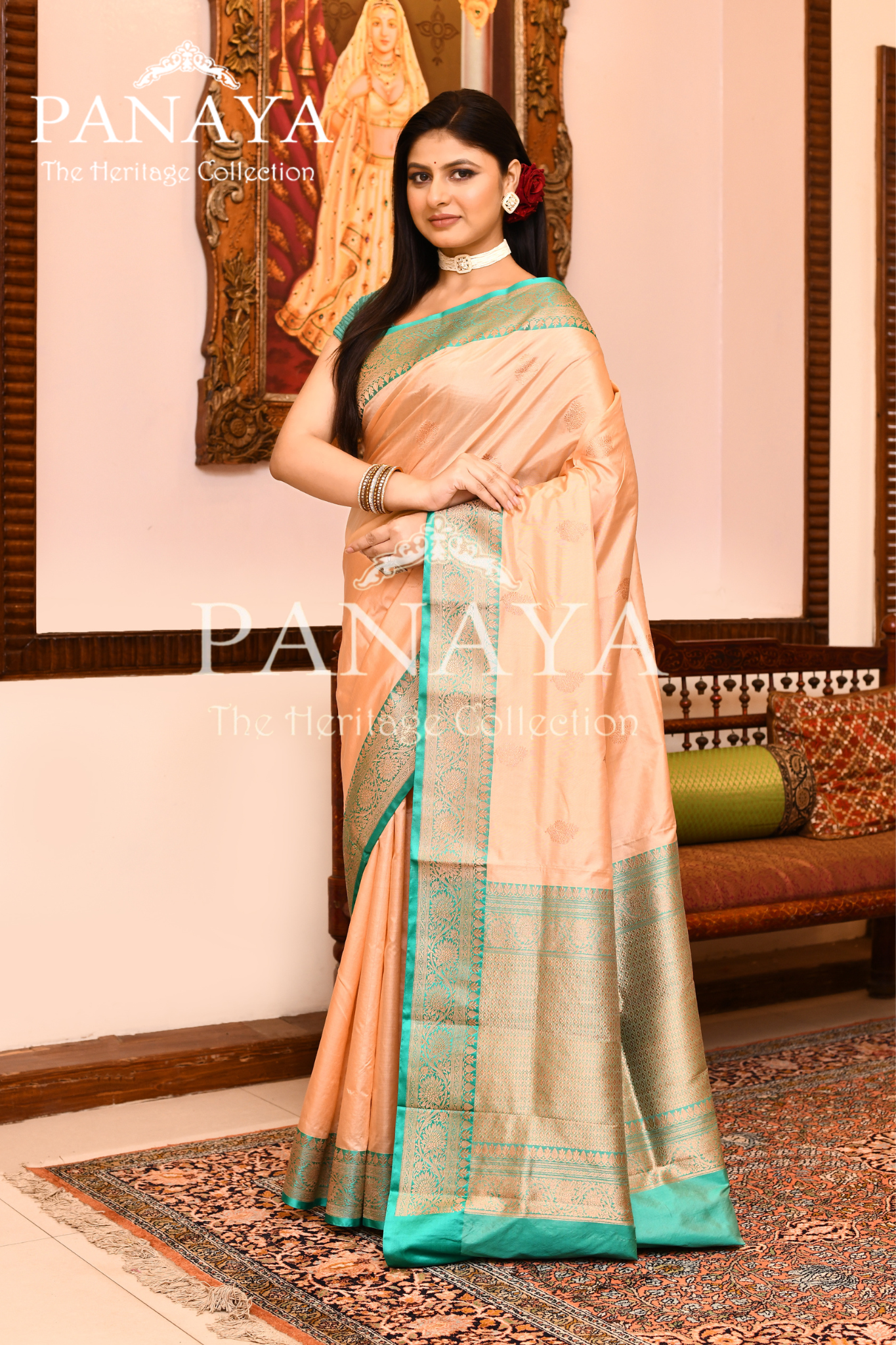 Saree Katan Silk with Contrast Banarasi Aanchal & Border with Gold Zari Boota Design