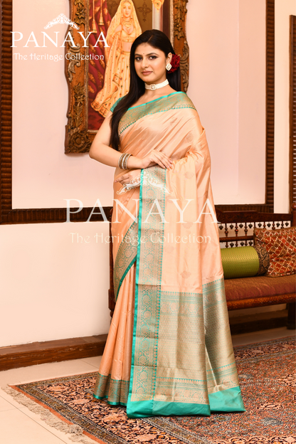 Saree Katan Silk with Contrast Banarasi Aanchal & Border with Gold Zari Boota Design