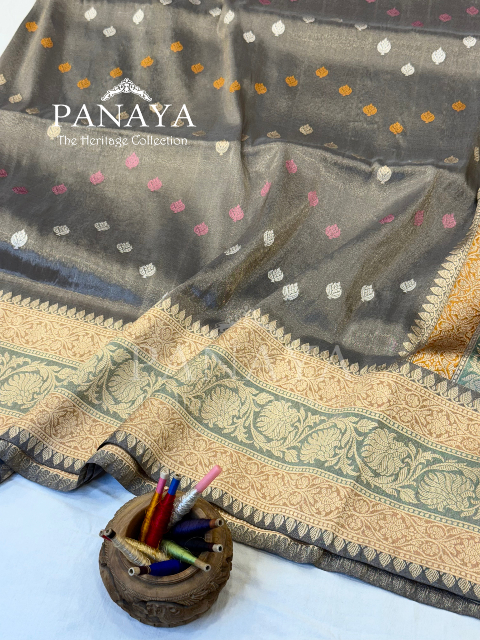 Saree Katan Tisshue Silk Saree with Banarsi Aanchal Border with multi color booti design