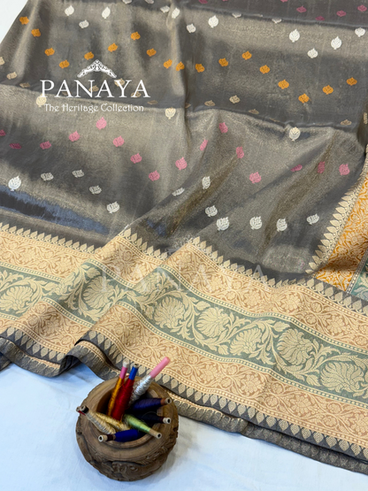 Saree Katan Tisshue Silk Saree with Banarsi Aanchal Border with multi color booti design