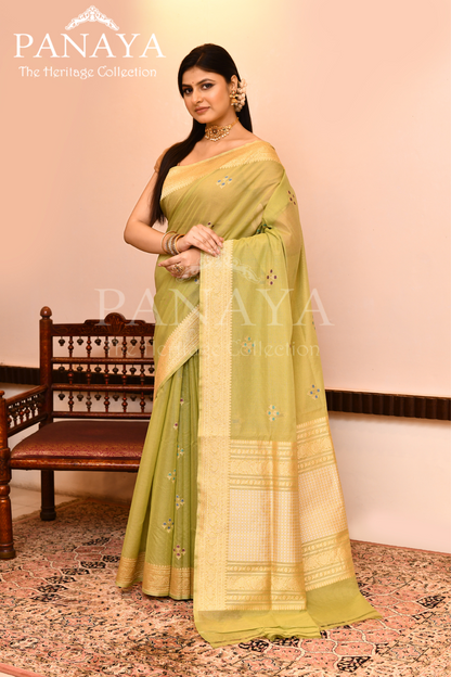 Saree Kora Cotton Silk With Banarasi aanchal & Border with Meenedar Booti