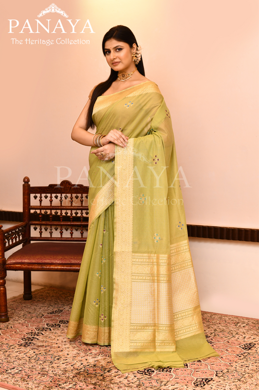 Saree Kora Cotton Silk With Banarasi aanchal & Border with Meenedar Booti
