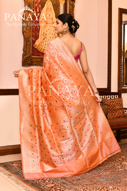 Saree Katan Silk Semi Handwoven with Banrasi Aanchal & Border with Gold & Silver Meenedar Jaal Design