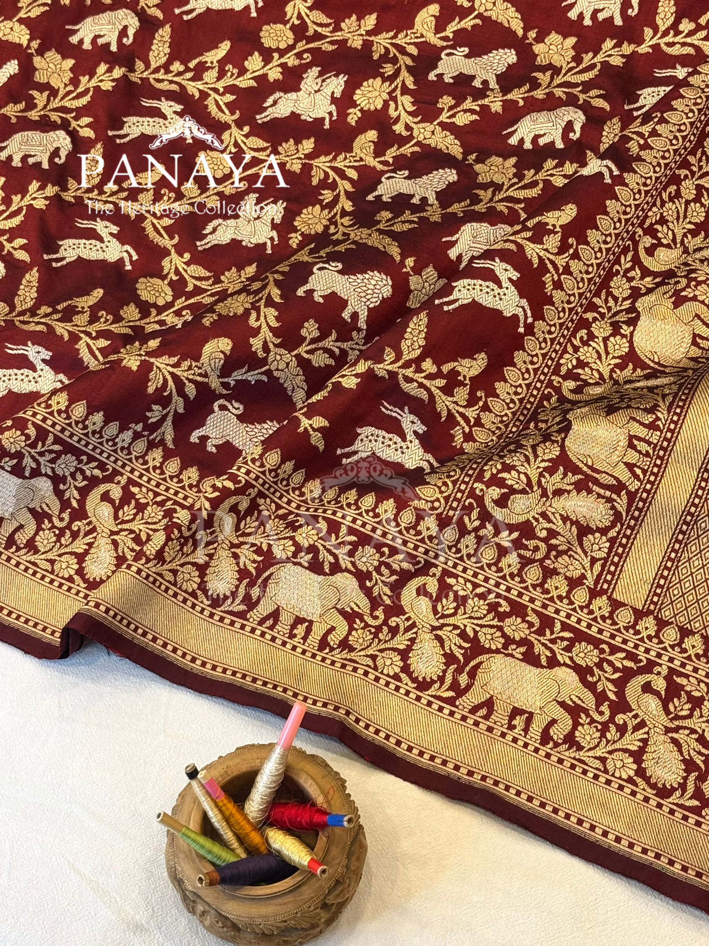 Saree Katan Silk Shikargah Design with Banarasi aanchal & Border with gold & Silver Zari Work