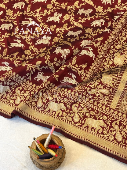 Saree Katan Silk Shikargah Design with Banarasi aanchal & Border with gold & Silver Zari Work