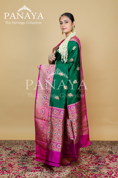Buti Work With Meenakari Anchal And Border With Contrast Pink Color