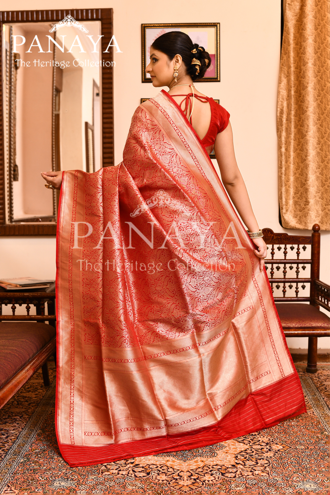Saree Katan Silk Semi Handwoven with Banrasi Aanchal & Border with Gold & Silver Meenedar Jaal Design