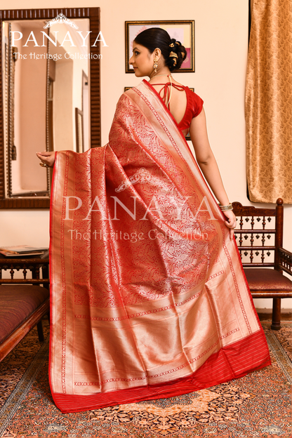 Saree Katan Silk Semi Handwoven with Banrasi Aanchal & Border with Gold & Silver Meenedar Jaal Design