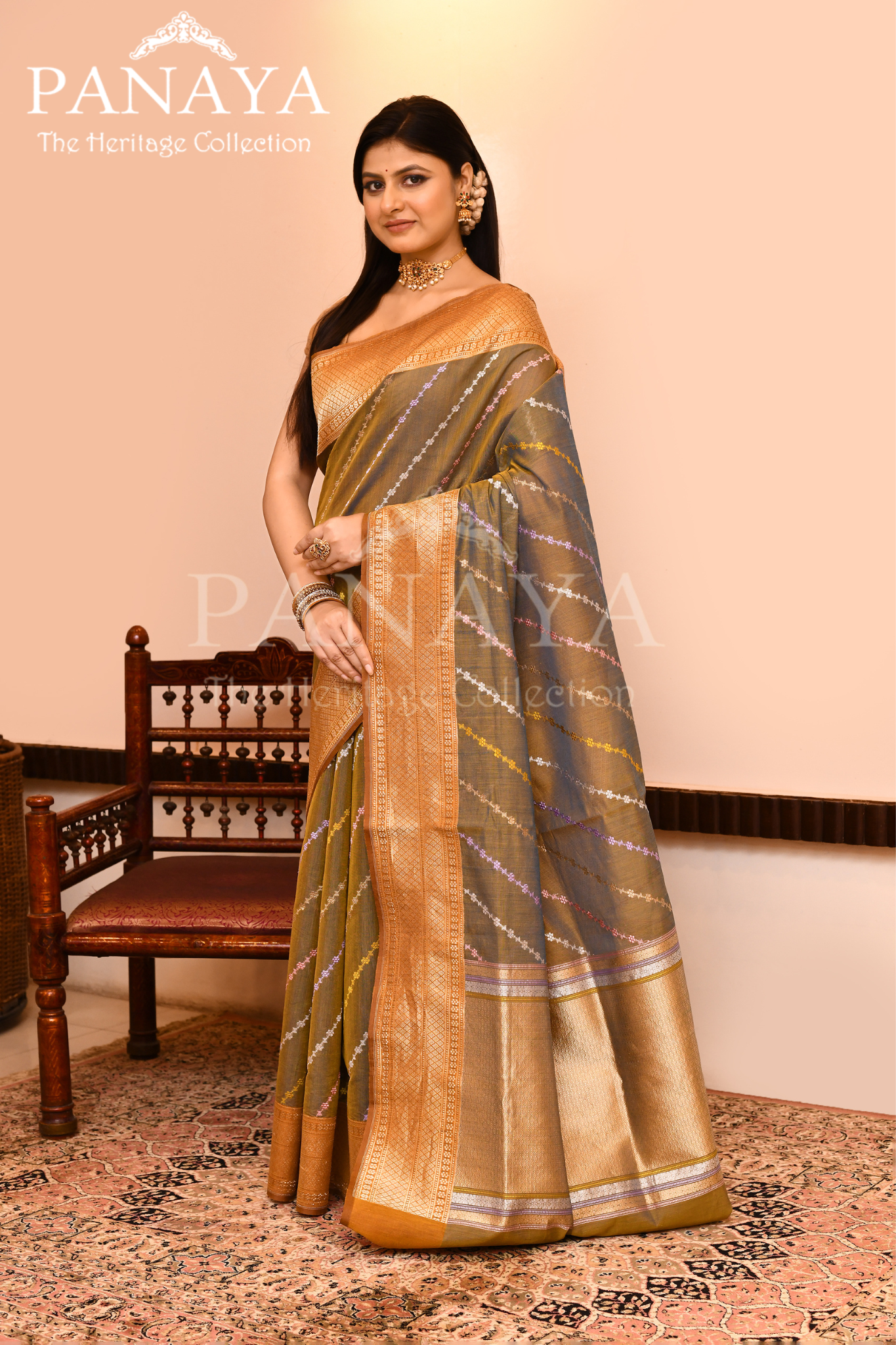 Saree Kora cotton Silk with Banrasi Aanchal & Border with Meenedar Aada Design