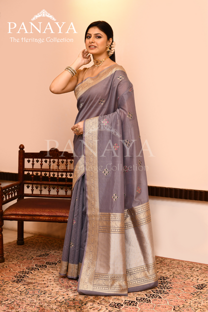 Saree Kora Cotton Silk With Banarasi aanchal & Border with Meenedar Booti