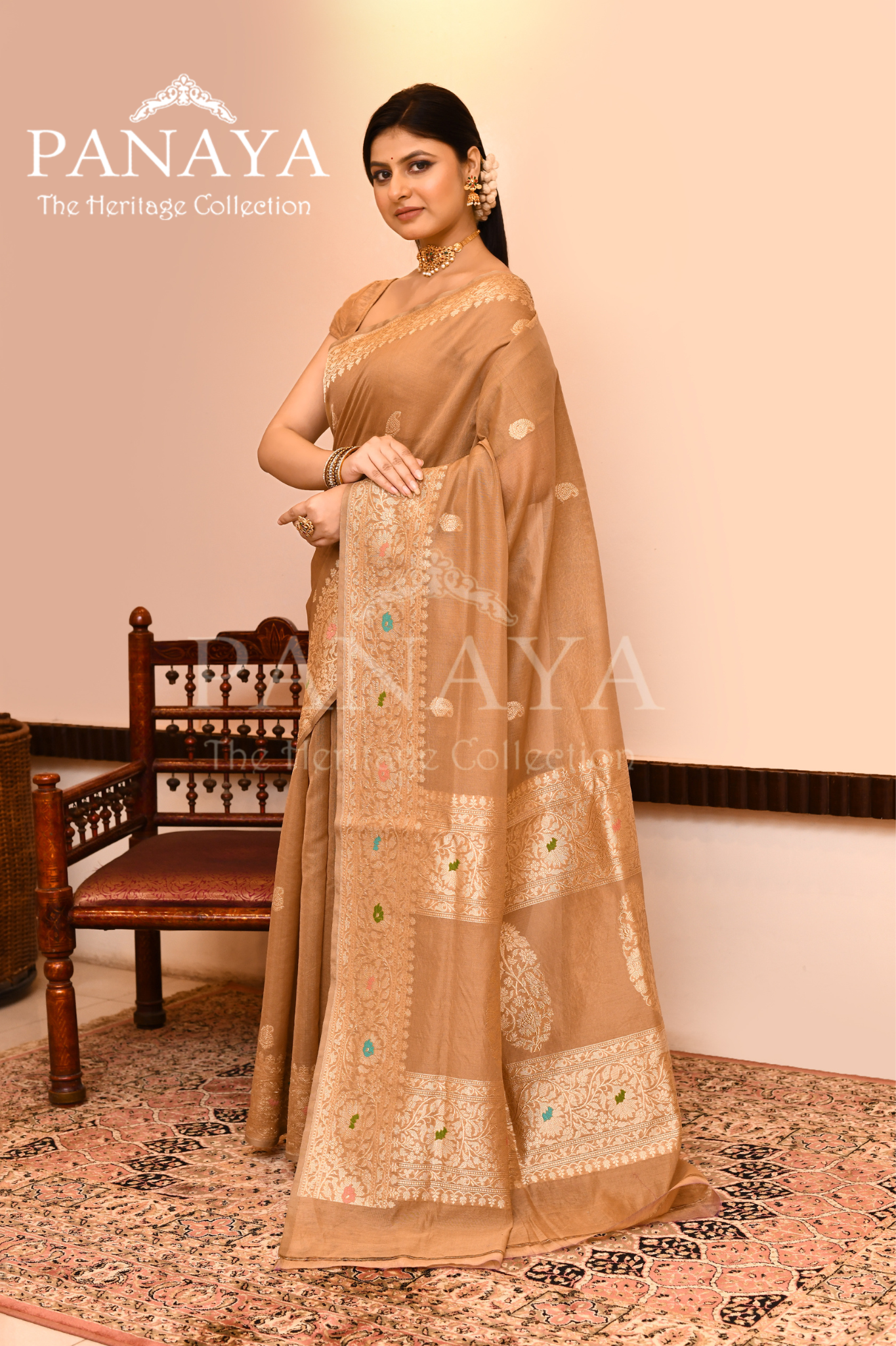 Saree Kora Cotton Silk With Banarasi aanchal & Border with Meenedar Booti