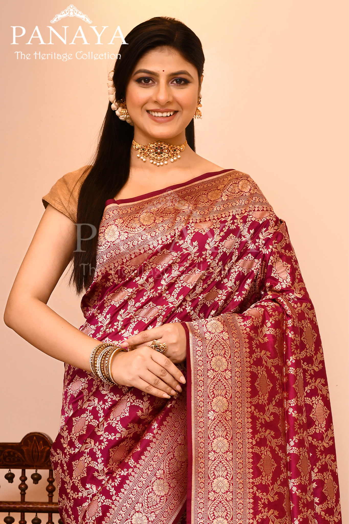 Saree Katan Silk Semi Handwoven with Banrasi Aanchal & Border with Gold & Silver Meenedar Jaal Design