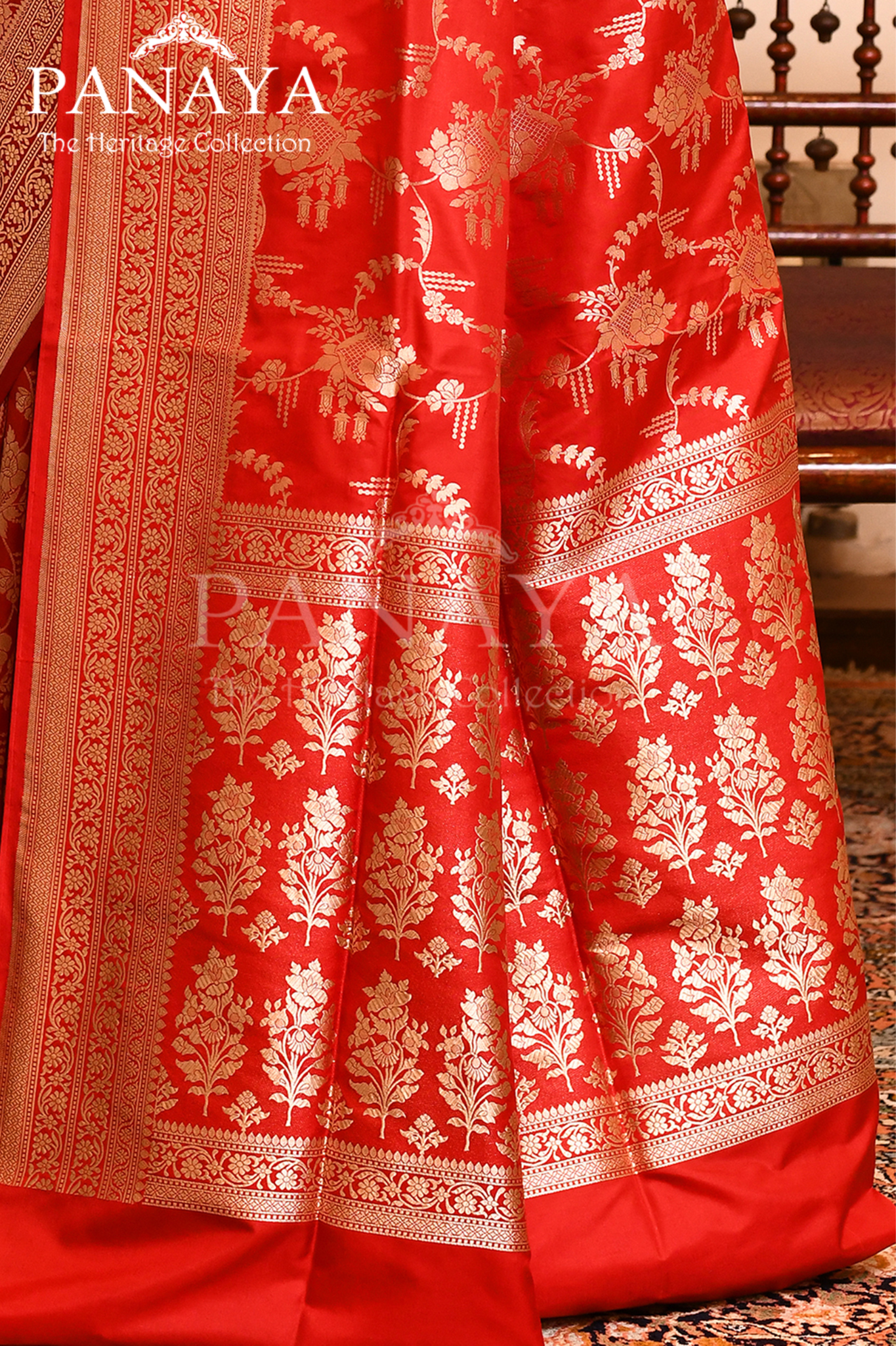 Saree Katan Silk Semi Handwoven with Banrasi Aanchal & Border with Gold & Silver Meenedar Jaal Design