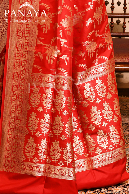 Saree Katan Silk Semi Handwoven with Banrasi Aanchal & Border with Gold & Silver Meenedar Jaal Design