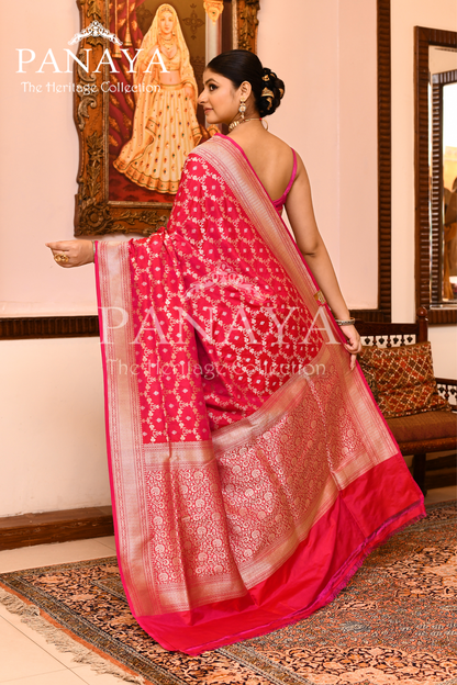 Saree Katan Silk Handwoven with Banrasi Aanchal & Border with Gold & Silver  Jaal Design