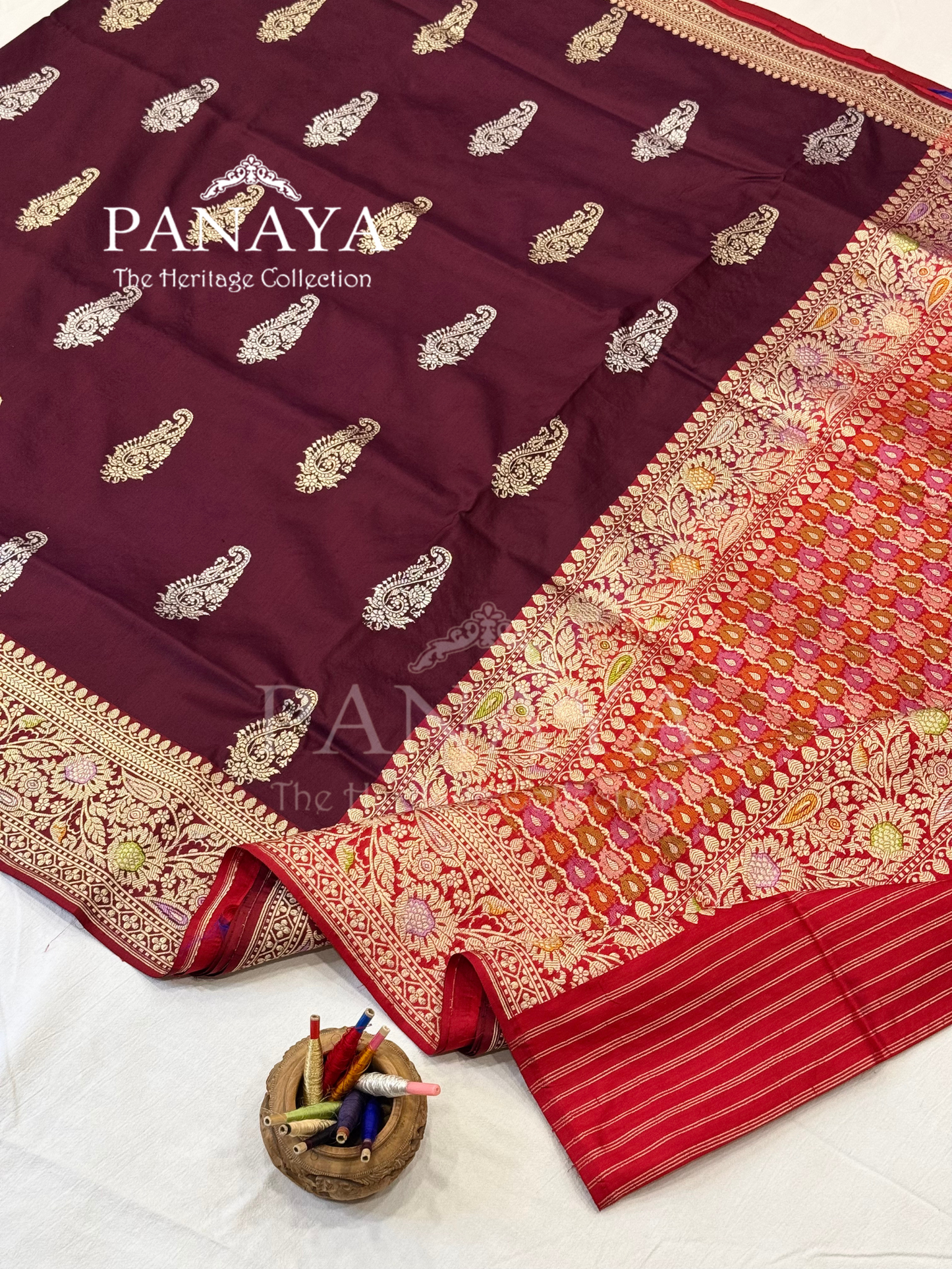 Saree Katan Silk with Contrast aanchal & Border with gold zari Paisely Boota Design