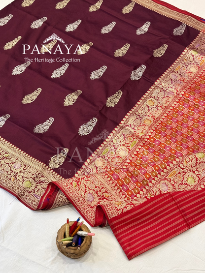 Saree Katan Silk with Contrast aanchal & Border with gold zari Paisely Boota Design