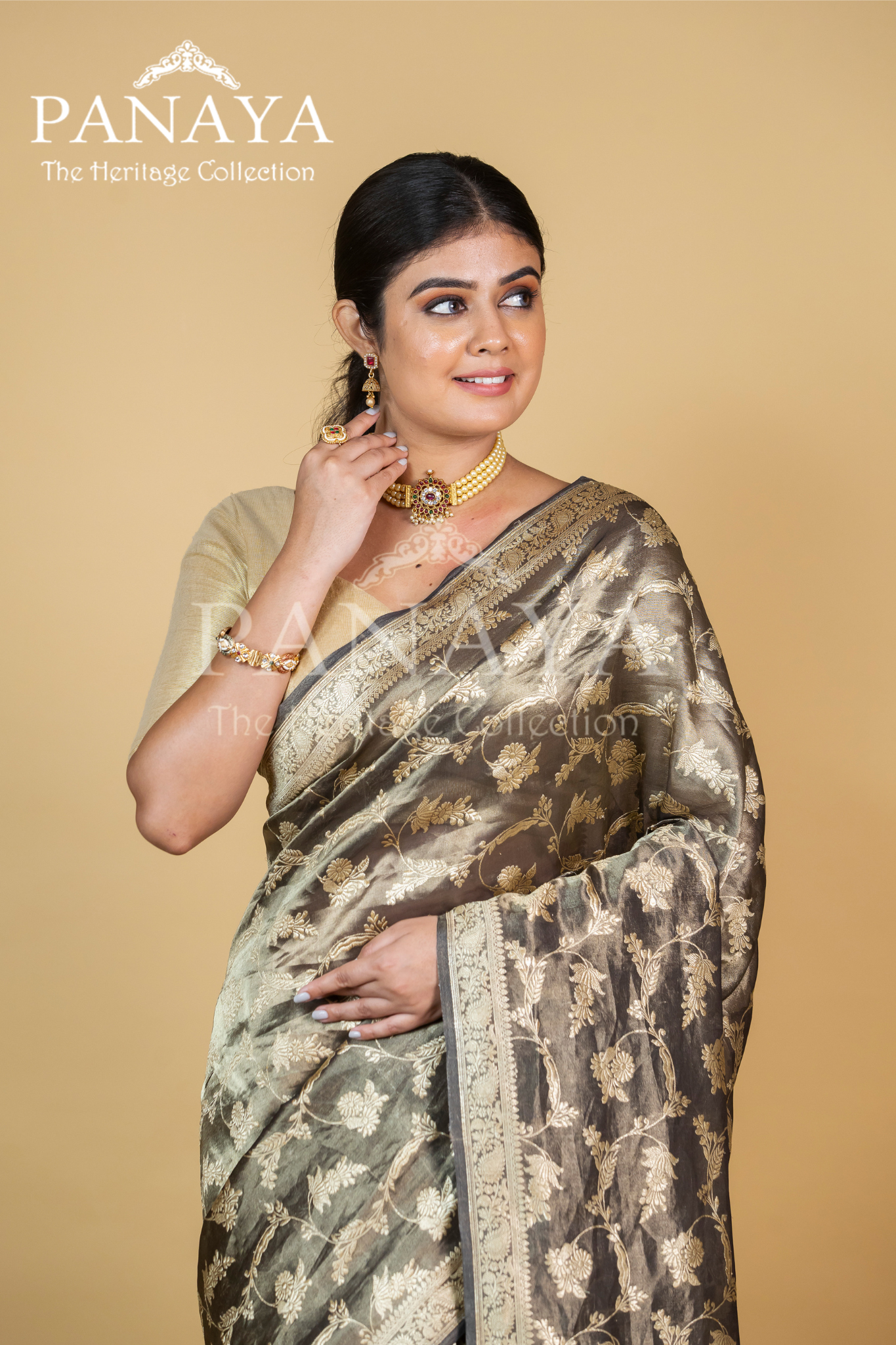 Tissue Silk Zaal Design With Gold Zari And Kairi Anchal
