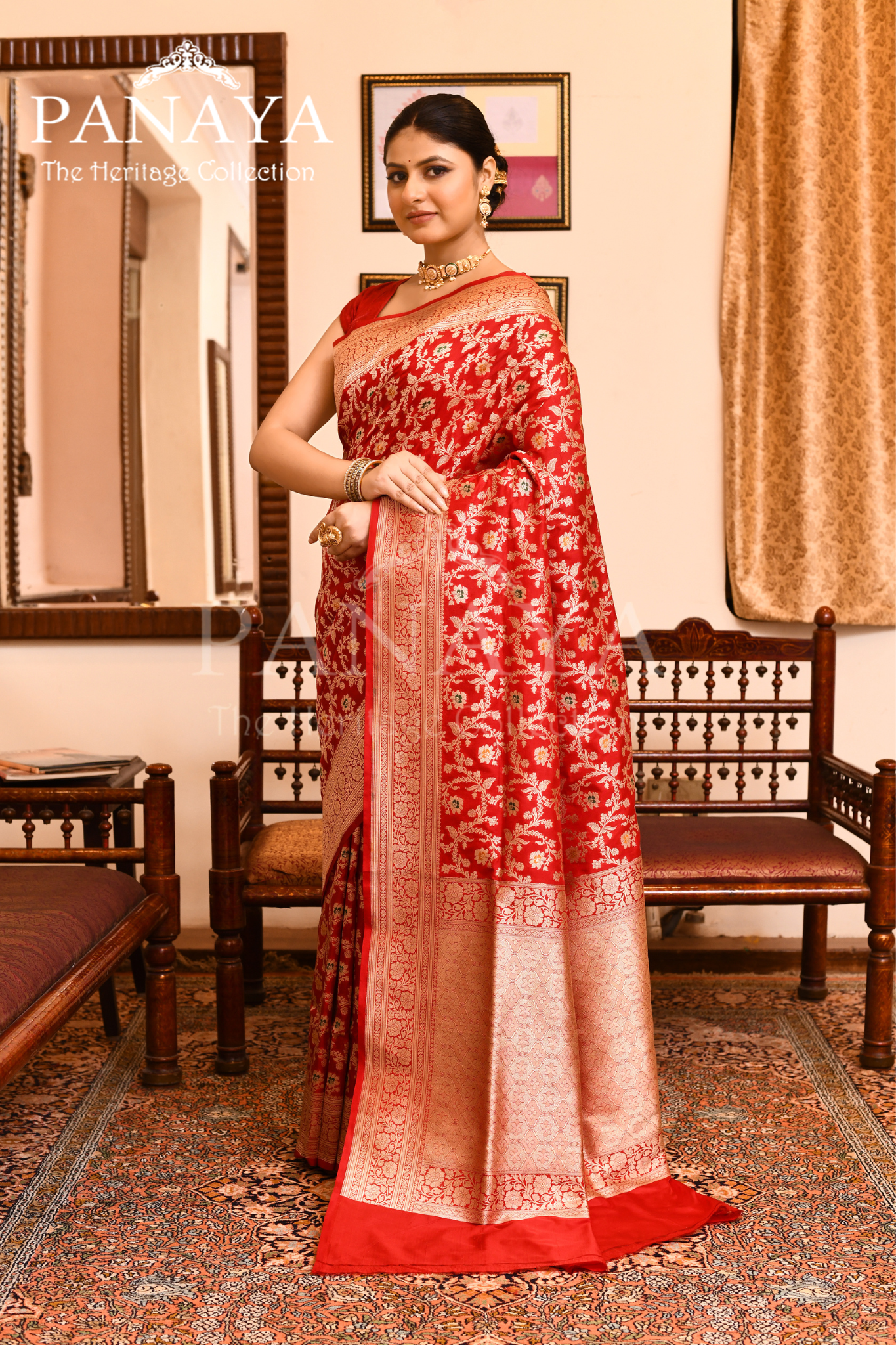 Saree Katan Silk Semi Handwoven with Banrasi Aanchal & Border with Gold & Silver Meenedar Jaal Design