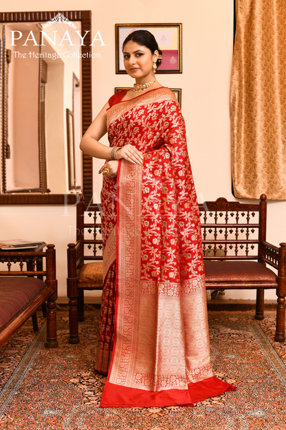 Saree Katan Silk Semi Handwoven with Banrasi Aanchal & Border with Gold & Silver Meenedar Jaal Design