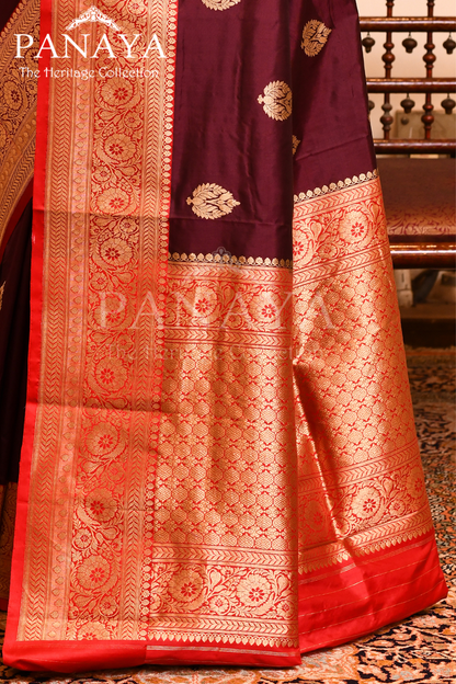 Saree Katan Silk with Contrast Banarasi Aanchal & Border with Gold Zari Boota Design