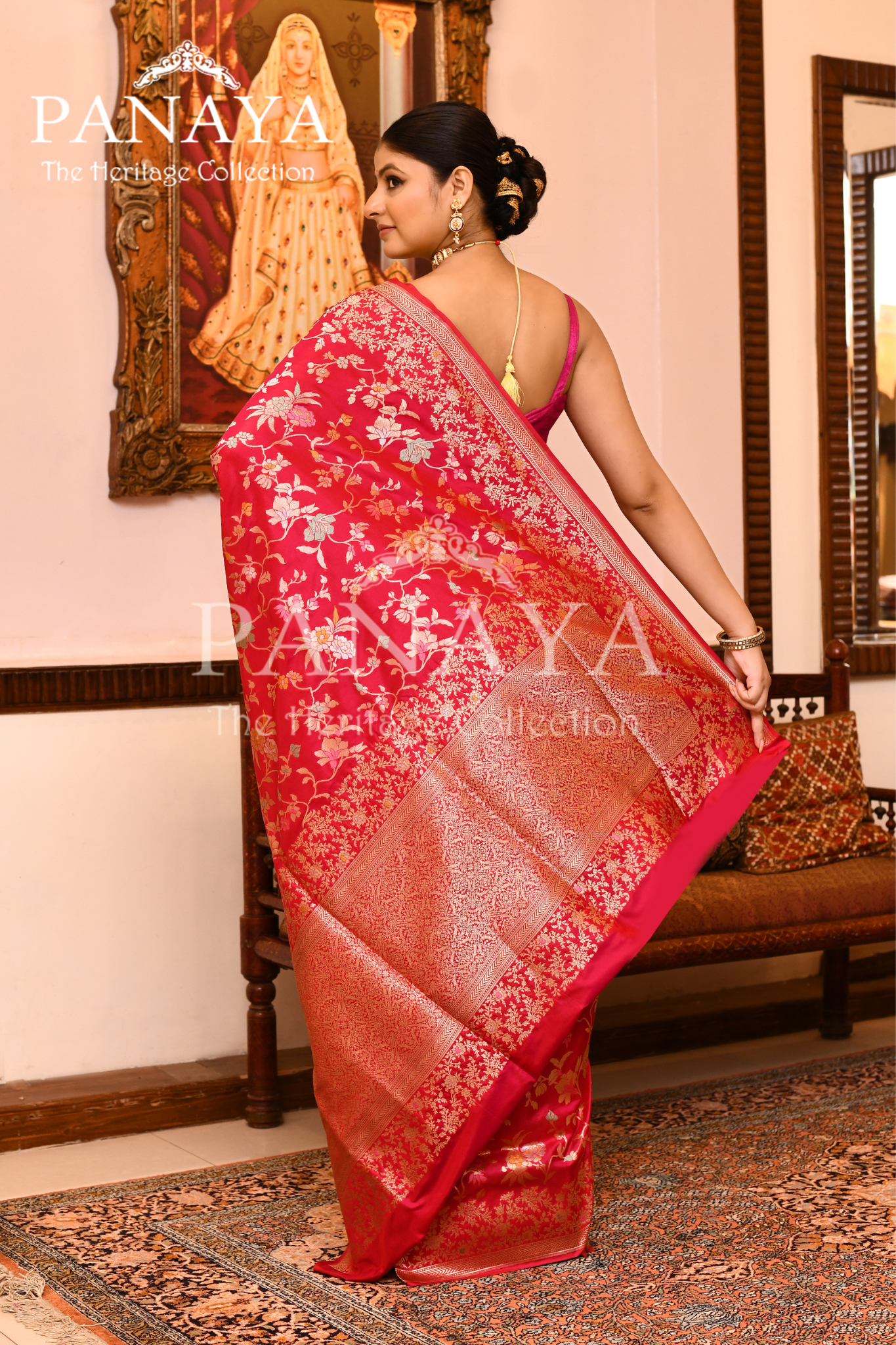 Saree Katan Silk Handwoven with Banrasi Aanchal & Border with Gold & Silver Meenedar Jaal Design