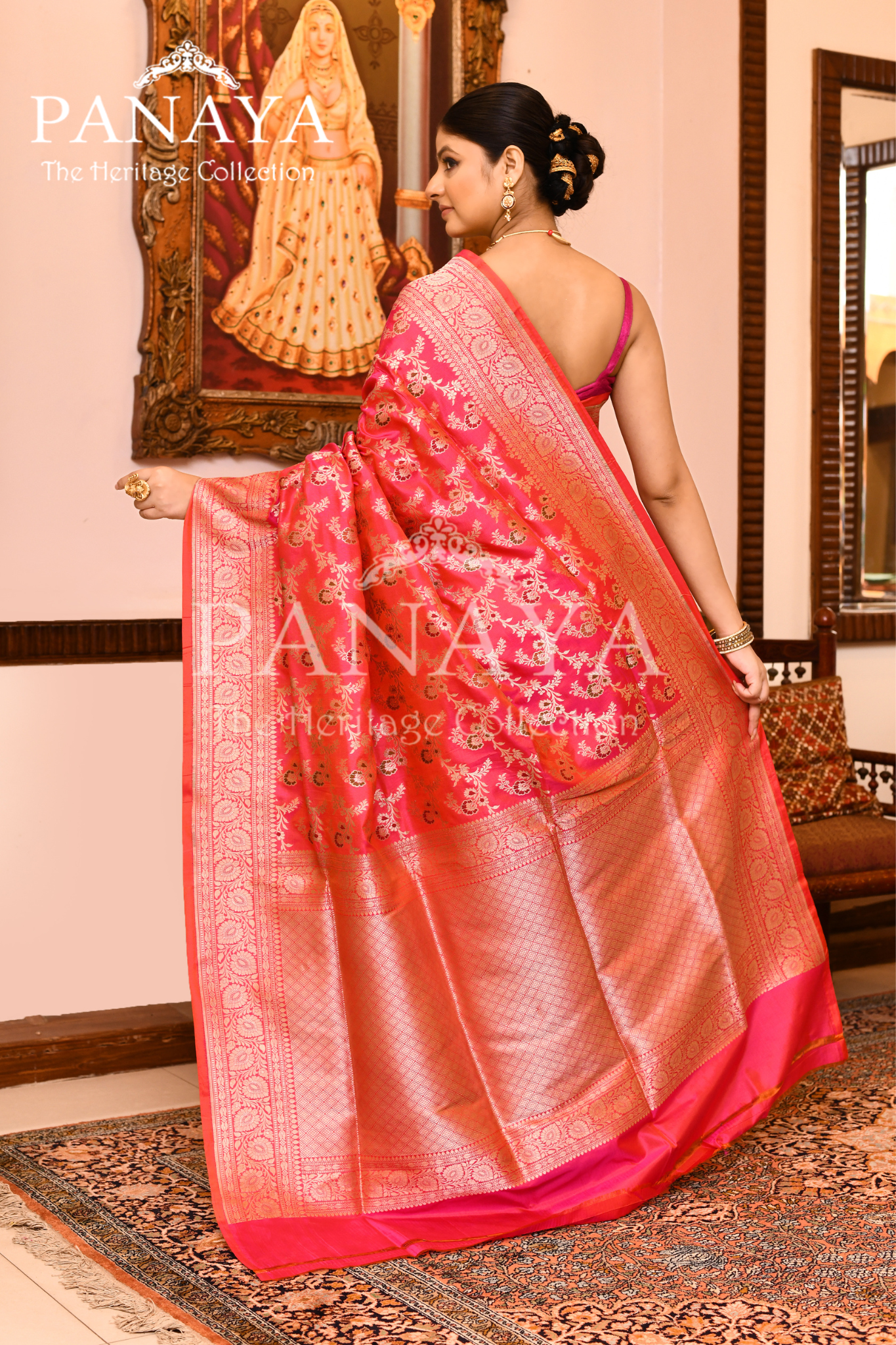 Saree Katan Silk Semi Handwoven with Banrasi Aanchal & Border with Gold & Silver Meenedar Jaal Design