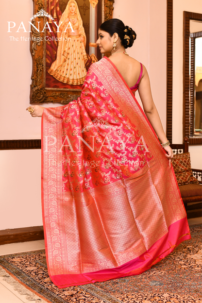 Saree Katan Silk Semi Handwoven with Banrasi Aanchal & Border with Gold & Silver Meenedar Jaal Design