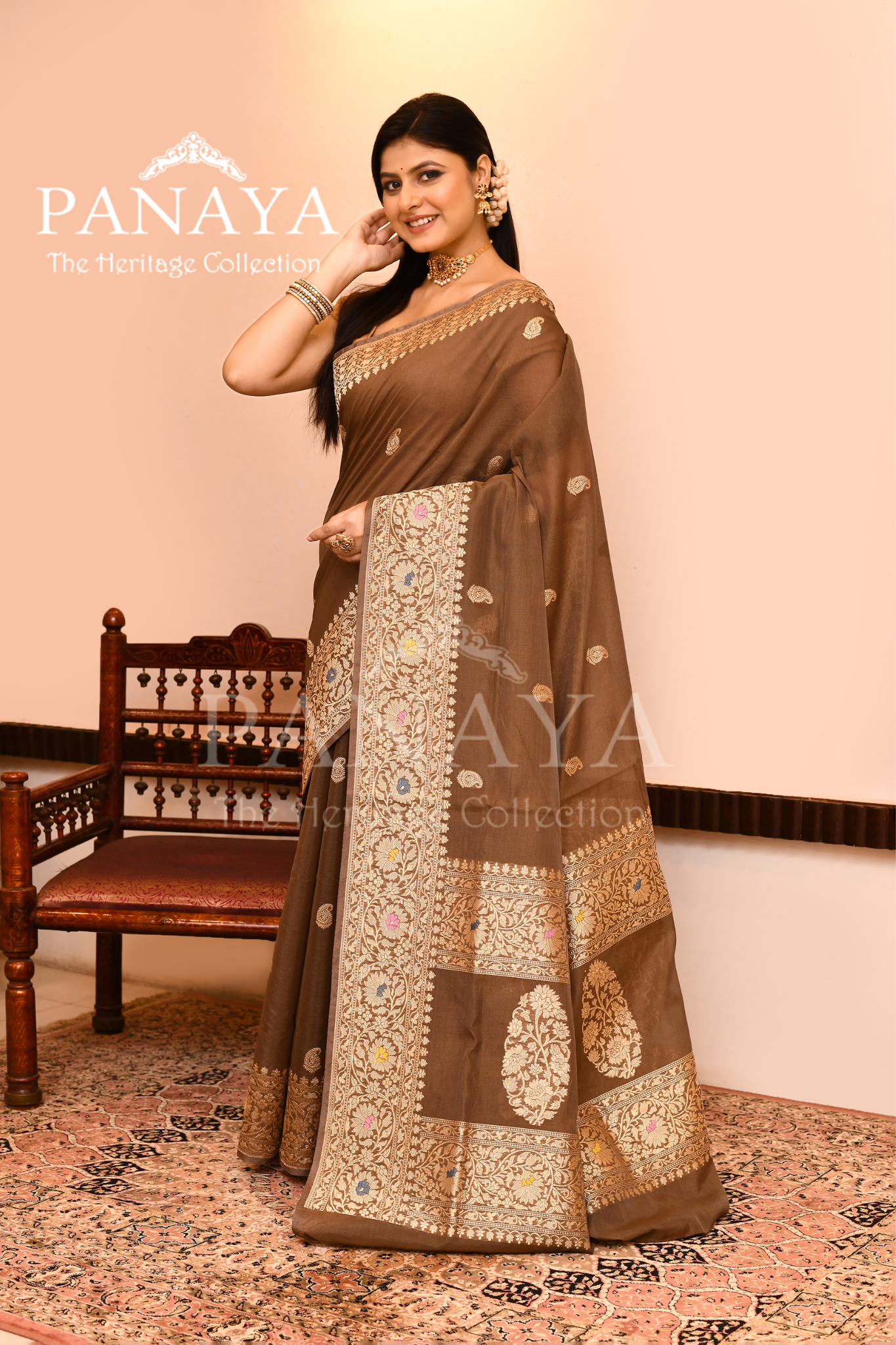 Saree Kora Cotton Silk With Banarasi aanchal & Border with Meenedar Booti