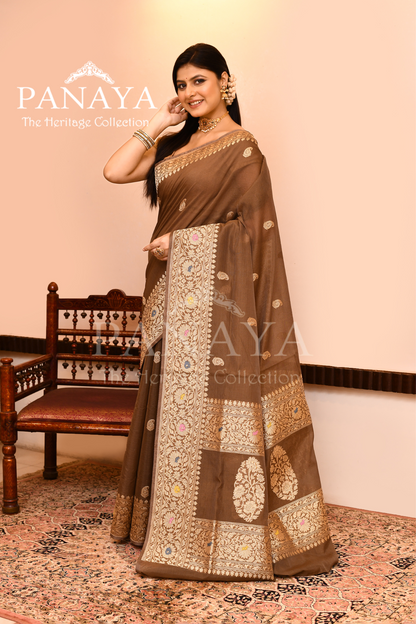 Saree Kora Cotton Silk With Banarasi aanchal & Border with Meenedar Booti