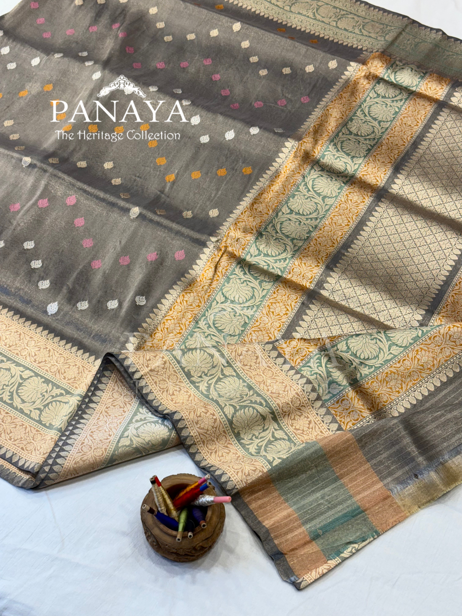 Saree Katan Tisshue Silk Saree with Banarsi Aanchal Border with multi color booti design