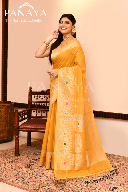 Saree Kora Cotton Silk With Banarasi aanchal & Border with Meenedar Booti