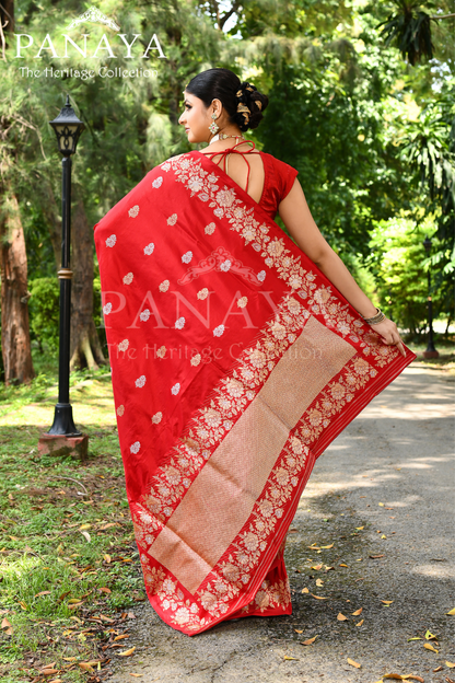 Saree Katan Silk Handwoven with Banrasi Aanchal & Border with Gold & Silver Booti