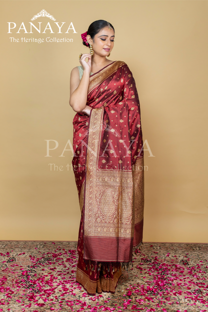 Handloom Katan Silk With Zaal Lace Buti Pattern Small And Large