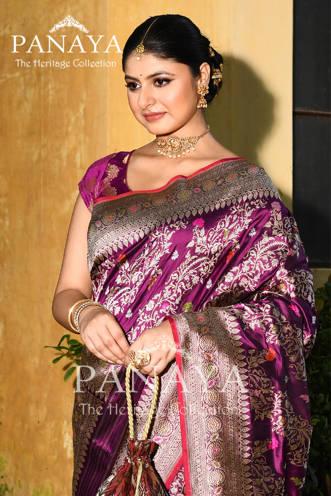 Saree Katan Silk Handwoven with Banrasi Aanchal & Border with Gold & Silver Meenedar Jaal Design