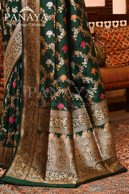 Saree Katan Silk Handwoven with Banrasi Aanchal & Border with Gold & Silver Meenedar Jaal Design