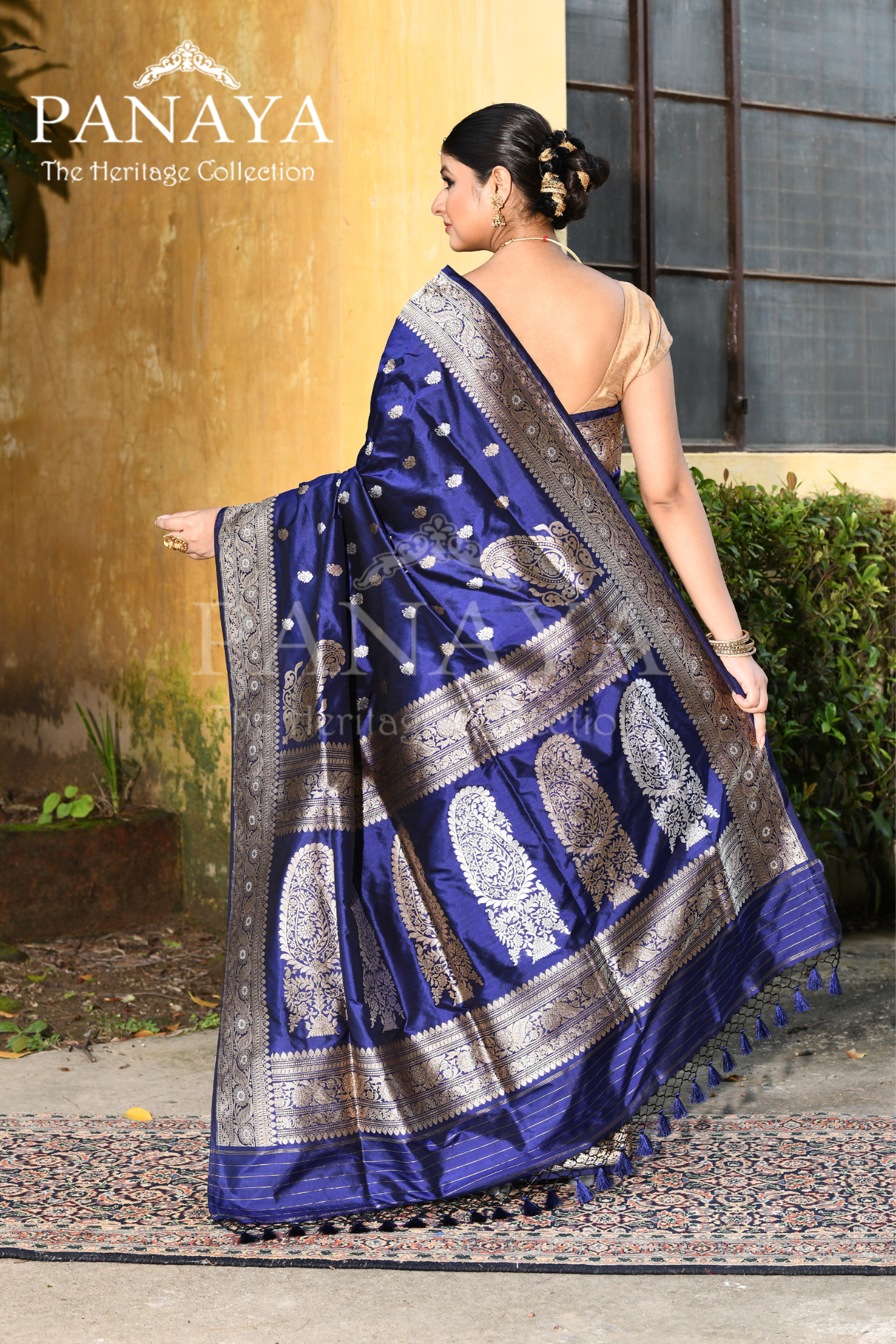 Saree Katan Silk Handwoven with Banrasi Aanchal & Border with Gold & Silver Booti & Konia
