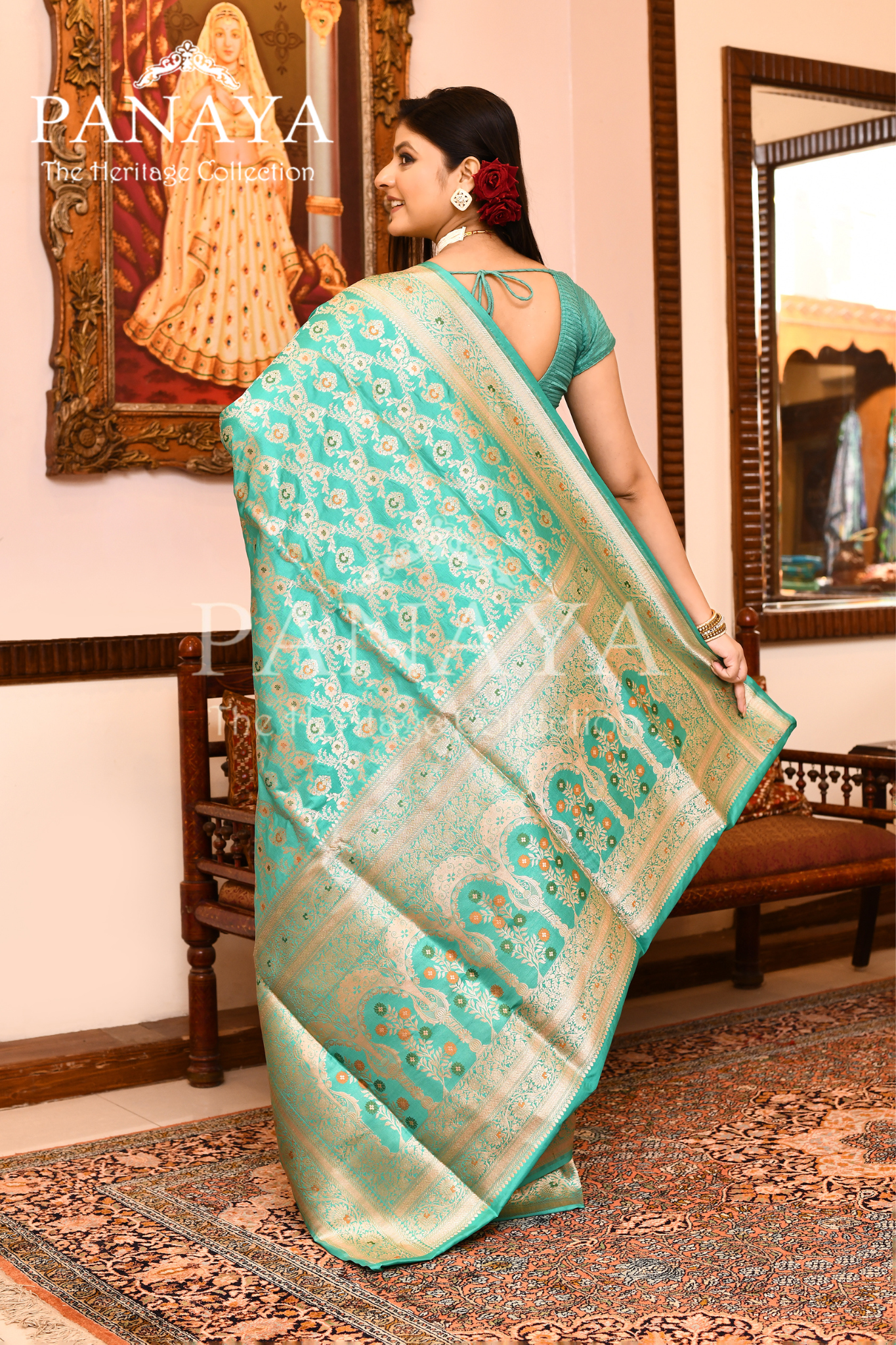 Saree Katan Silk Semi Handwoven with Banrasi Aanchal & Border with Gold & Silver Meenedar Jaal Design