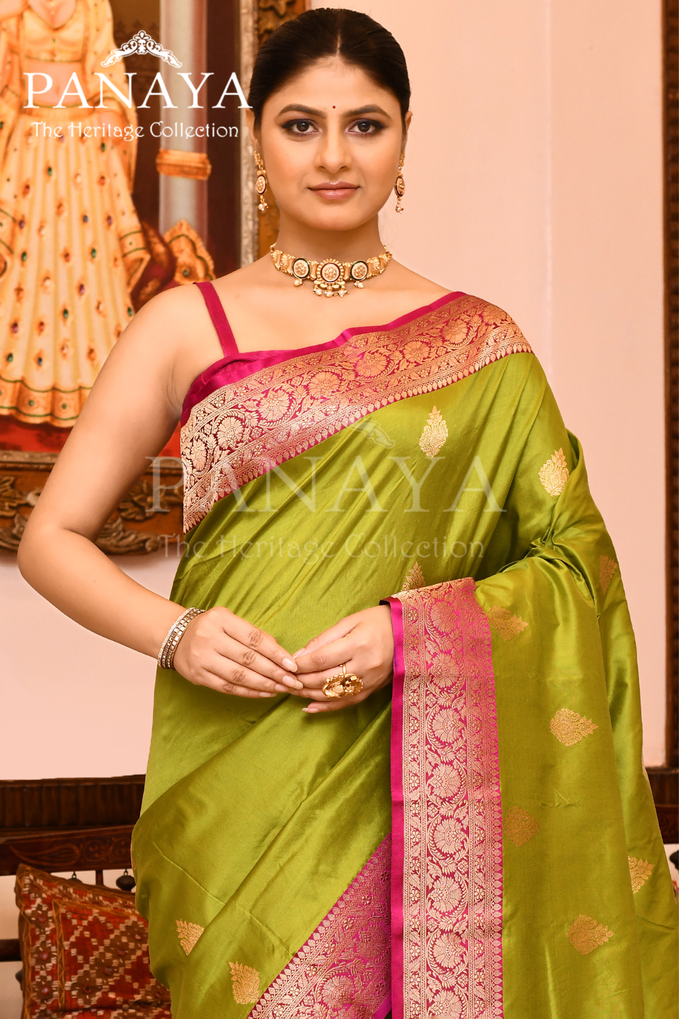 Saree Katan Silk with Contrast Banarasi Aanchal & Border with Gold Zari Boota Design