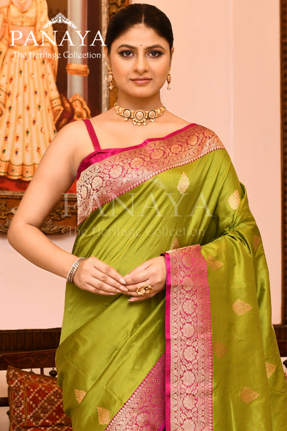 Saree Katan Silk with Contrast Banarasi Aanchal & Border with Gold Zari Boota Design