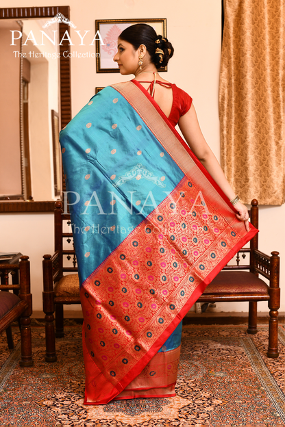 Saree Katan Silk with Contrast Banarasi Aanchal & Border with Gold Zari Boota Design