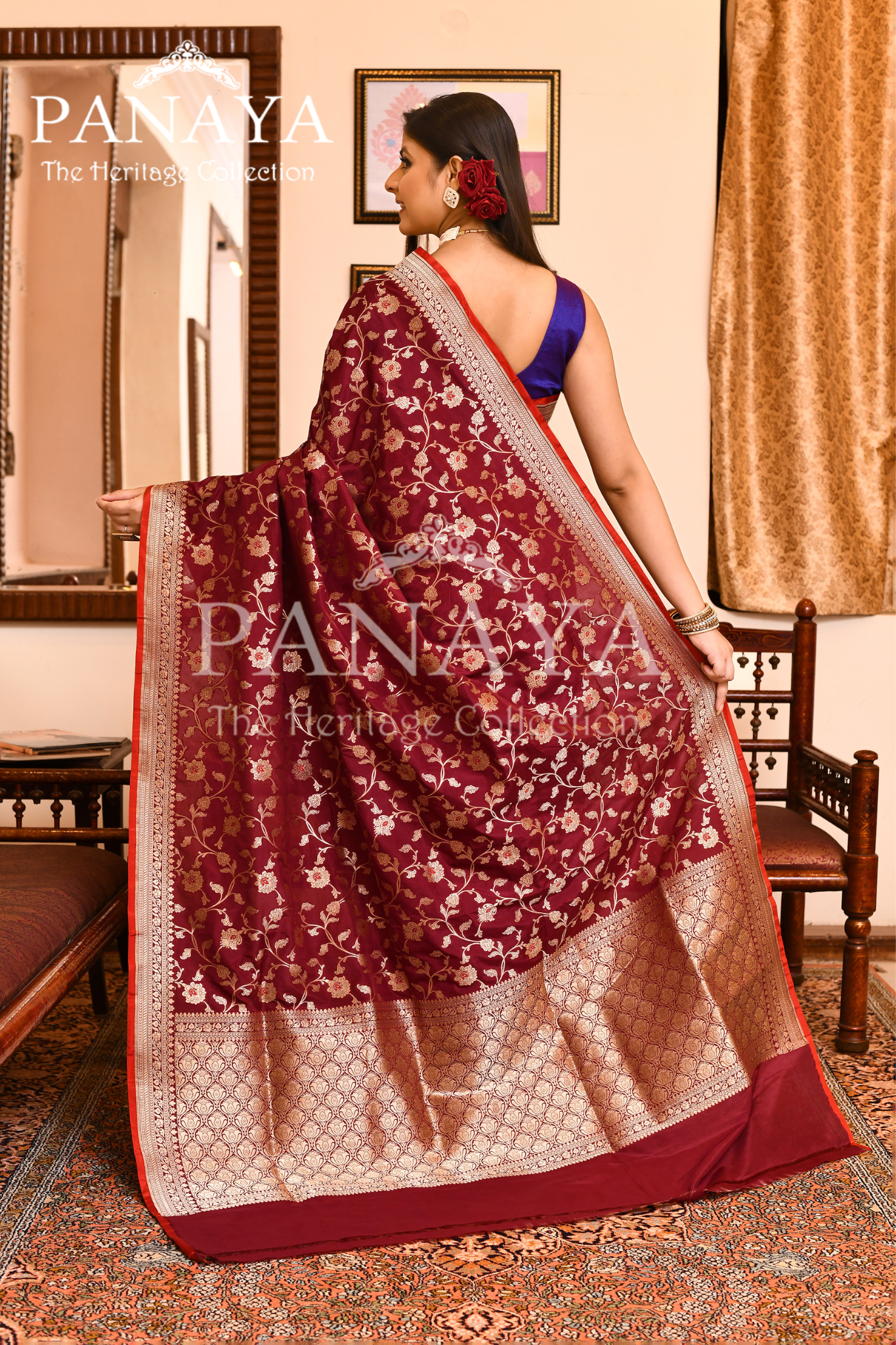 Saree Katan Silk Semi Handwoven with Banrasi Aanchal & Border with Gold & Silver Meenedar Jaal Design