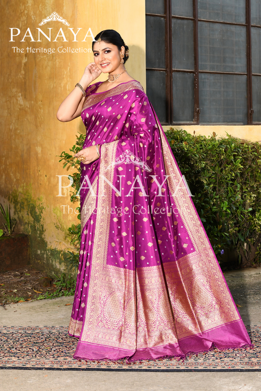 Saree Katan Silk Handwoven with Banrasi Aanchal & Border with Gold & Silver Booti