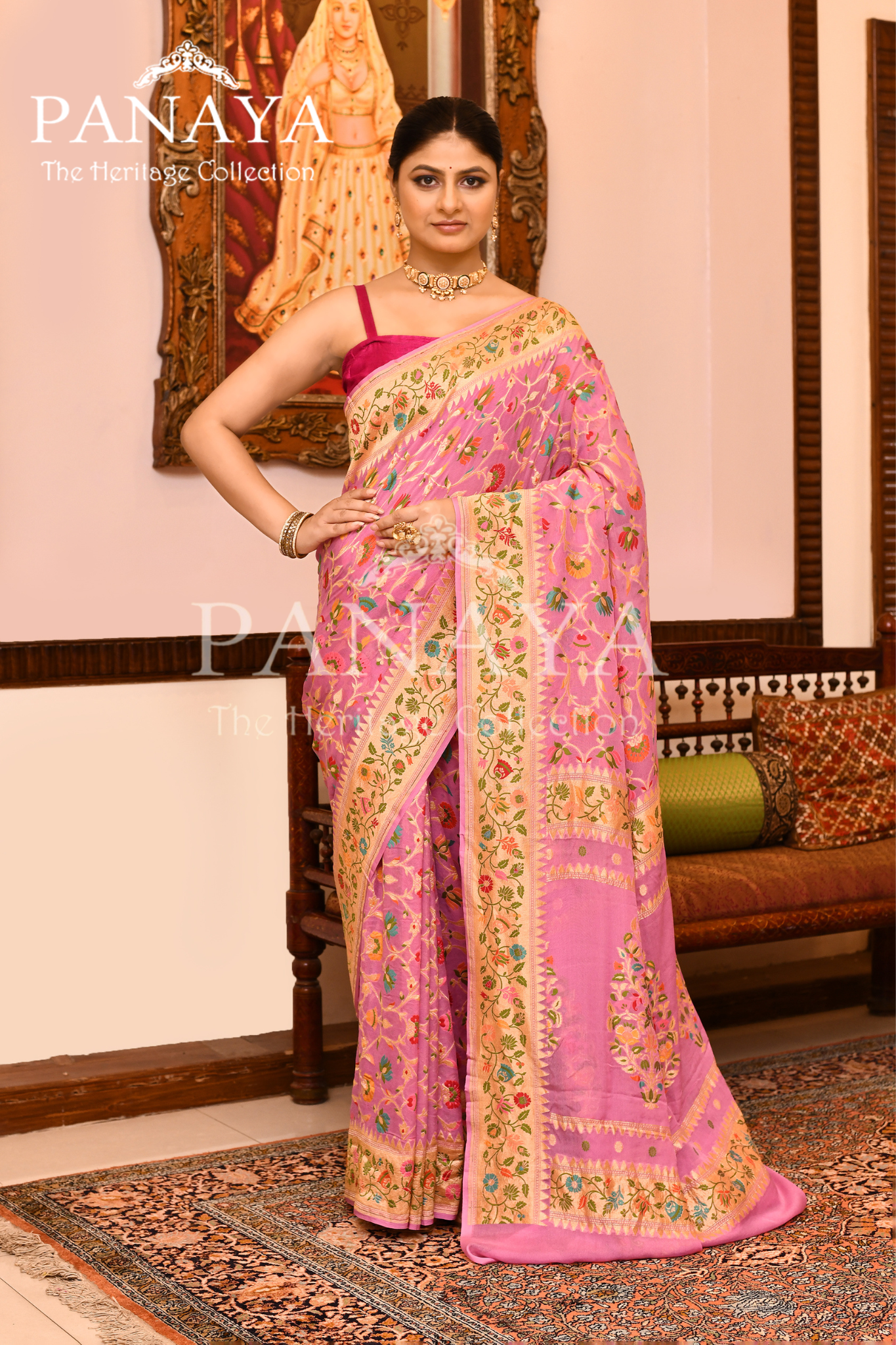 Saree Georgette Khaddi Jaal Design with Banarasi aanchal & Border with Meena Work