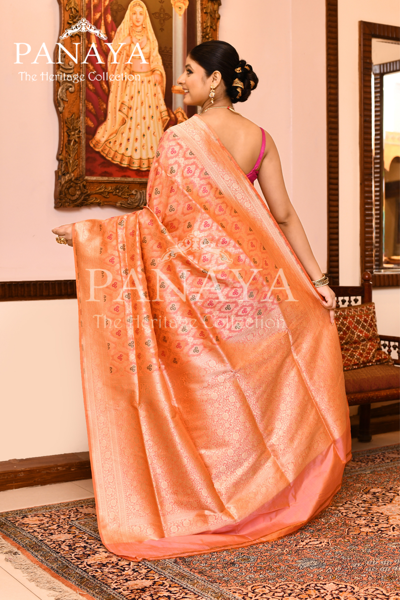 Saree Katan Silk Semi Handwoven with Banrasi Aanchal & Border with Gold & Silver Meenedar Jaal Design