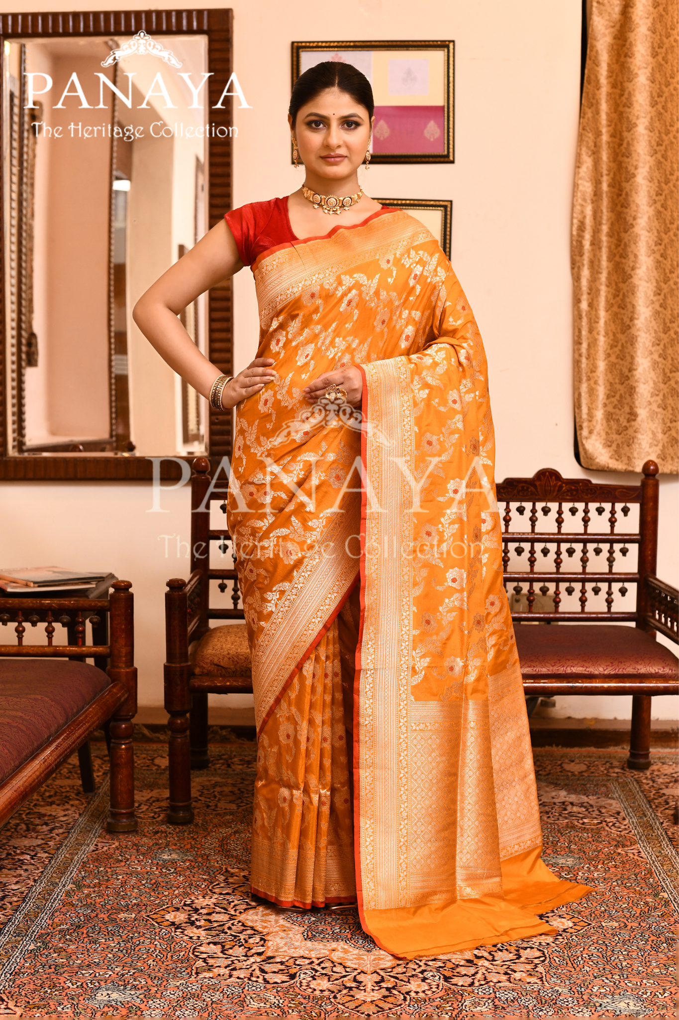 Saree Katan Silk Semi Handwoven with Banrasi Aanchal & Border with Gold & Silver Meenedar Jaal Design