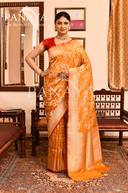 Saree Katan Silk Semi Handwoven with Banrasi Aanchal & Border with Gold & Silver Meenedar Jaal Design
